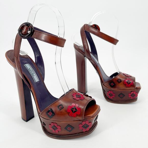 Prada Tobacco Brown Leather Floral Platform Ankle Strap High Heel Sandals IT 38 - Picture 2 of 14